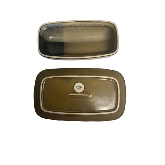 Sango China Butter Dish & Creamer Set - 4 Piece Brown & Black Ceramic Set - Picture 4 of 13